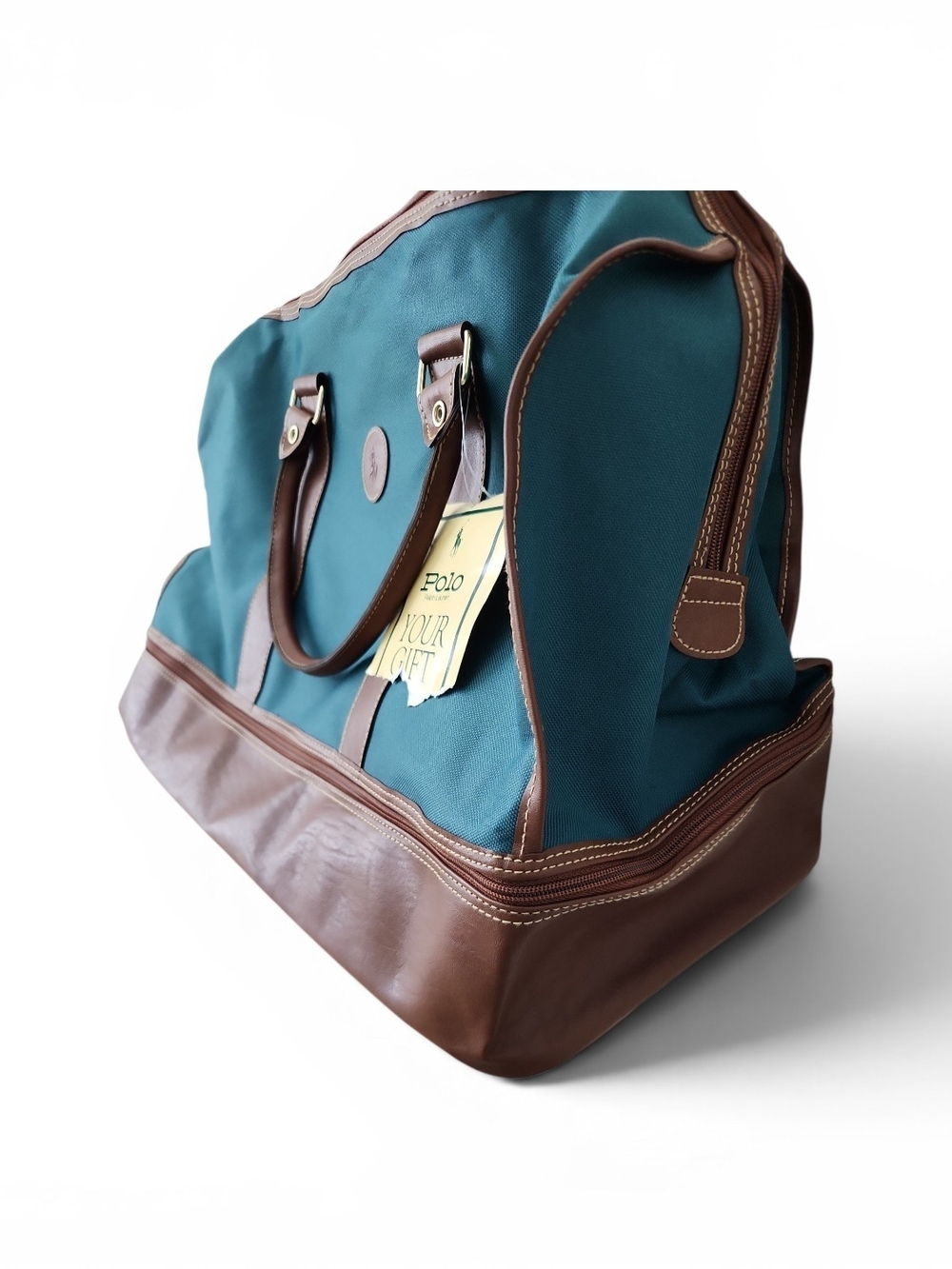 Vintage Polo Ralph Lauren Teal and Brown Canvas & Leather Travel Duffel - Picture 3 of 6
